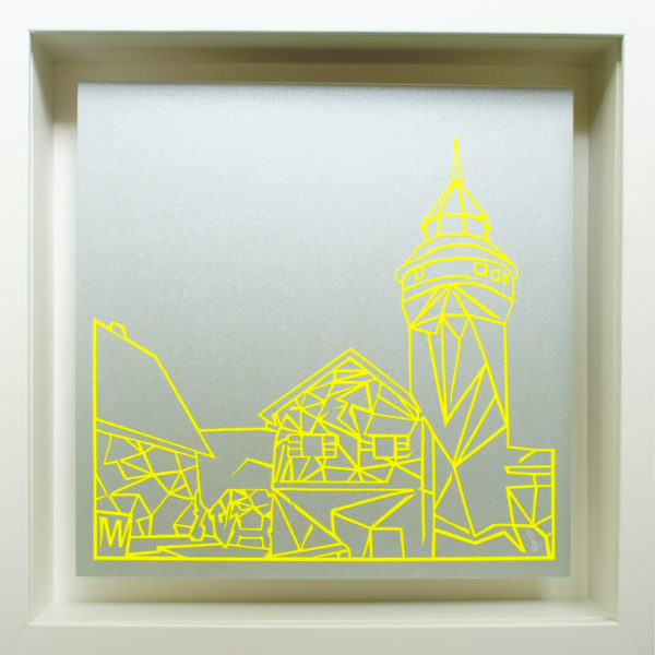 Bild mit Rahmen - Sinwellturm NEON gelb auf silber