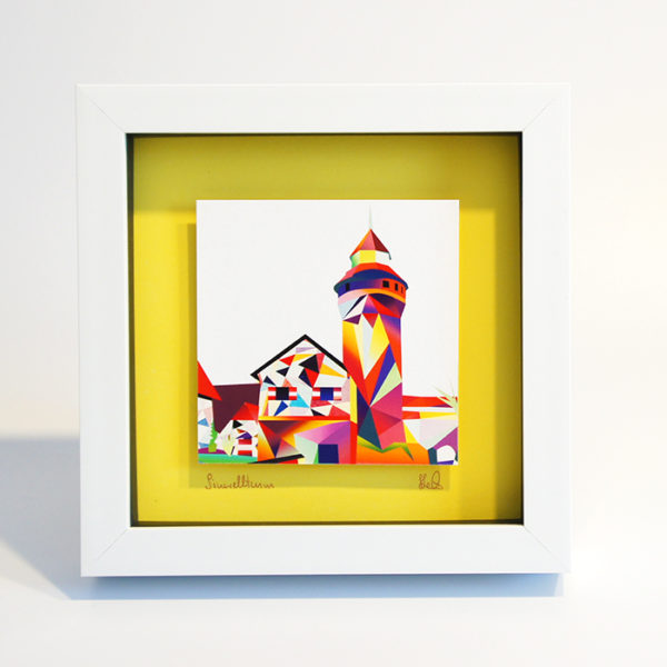 Fine Art Druck mit Rahmen - Sinwellturm Kaiserburg bunt auf gelb